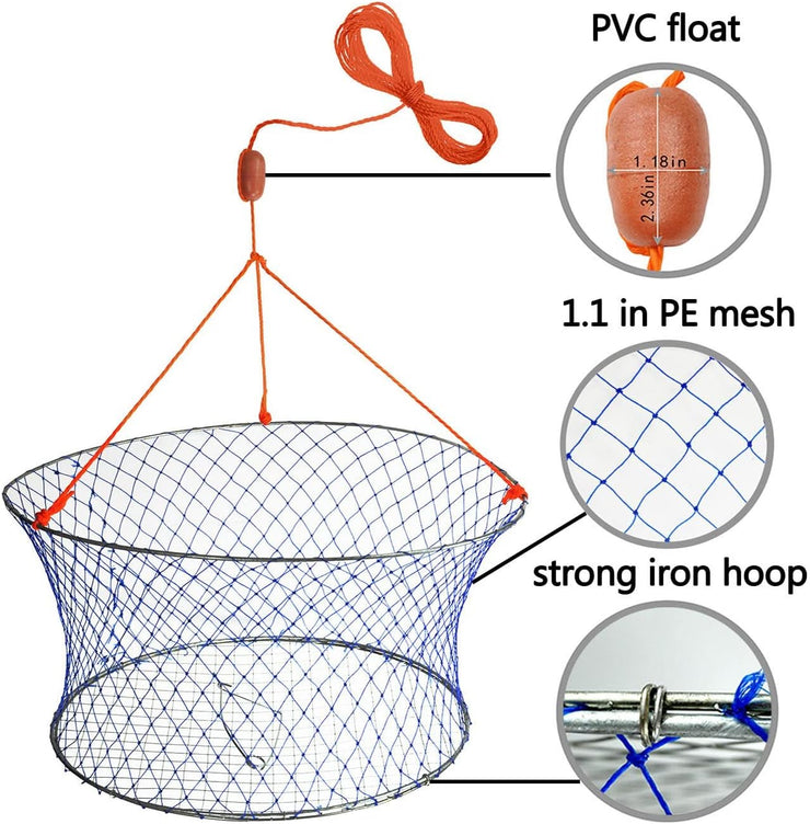 Palmyth Wire Grid Bottom Crab Nets Two Ring Crab Kit with Harness and Bait Clip 24” X 20” X 12”  FN01