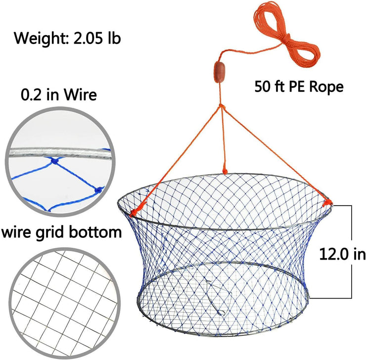 Palmyth Wire Grid Bottom Crab Nets Two Ring Crab Kit with Harness and Bait Clip 24” X 20” X 12”  FN01