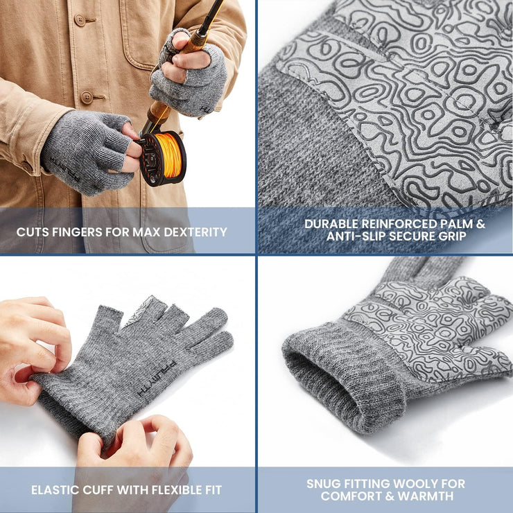 Wool Fishing Gloves 3-Cut Fingers Warm for Men and Women